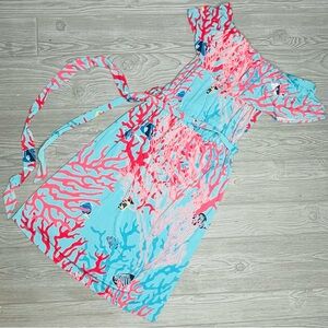 Tori Richard’s coral reef tropical fish off the shoulder belted dress size xs